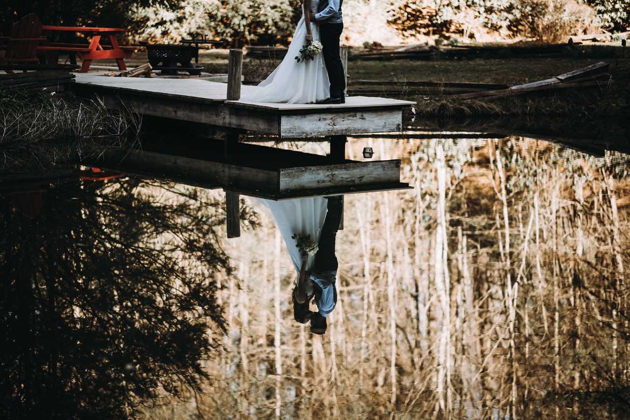 bride and groom reflection in the water