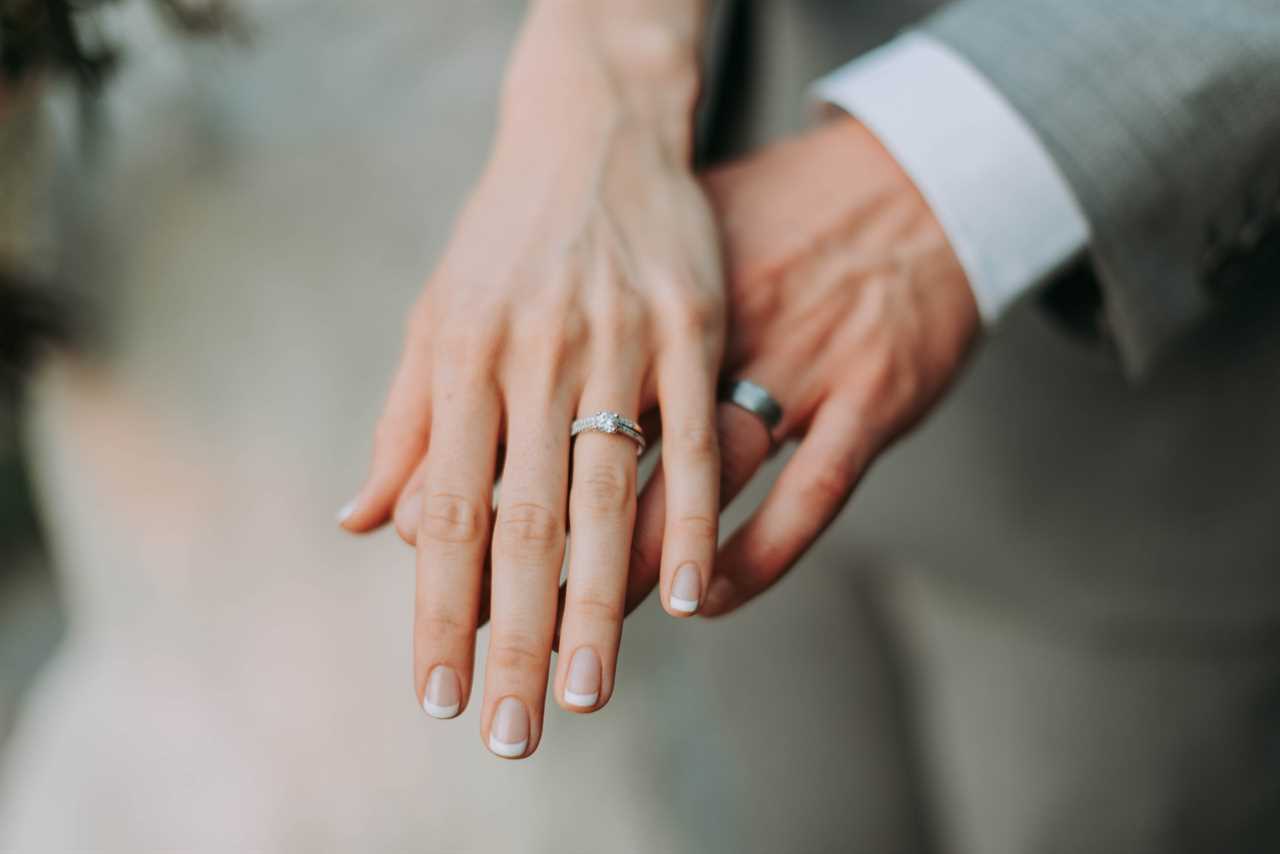 bride and groom holding hands with wedding rings on