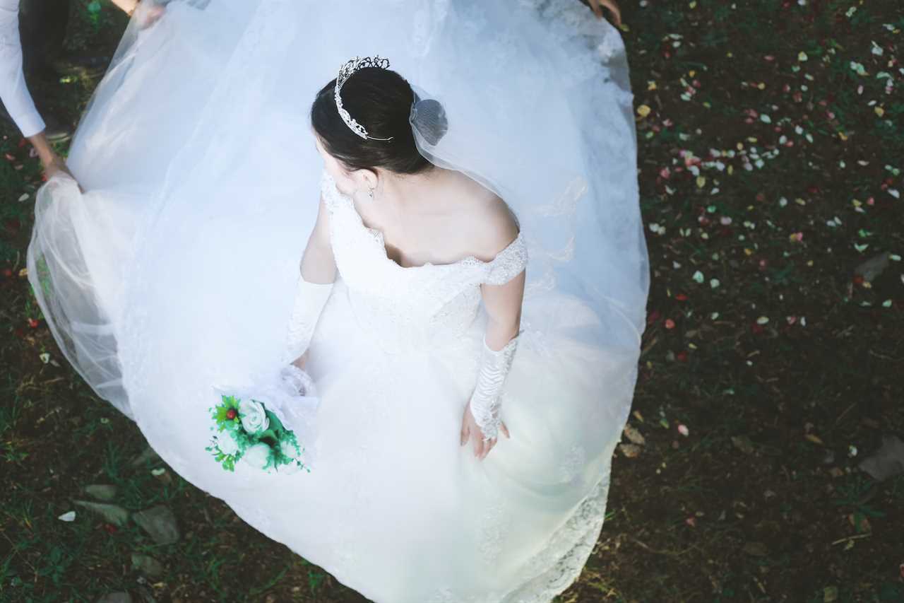 top-down view of a bride in a white wedding dress
