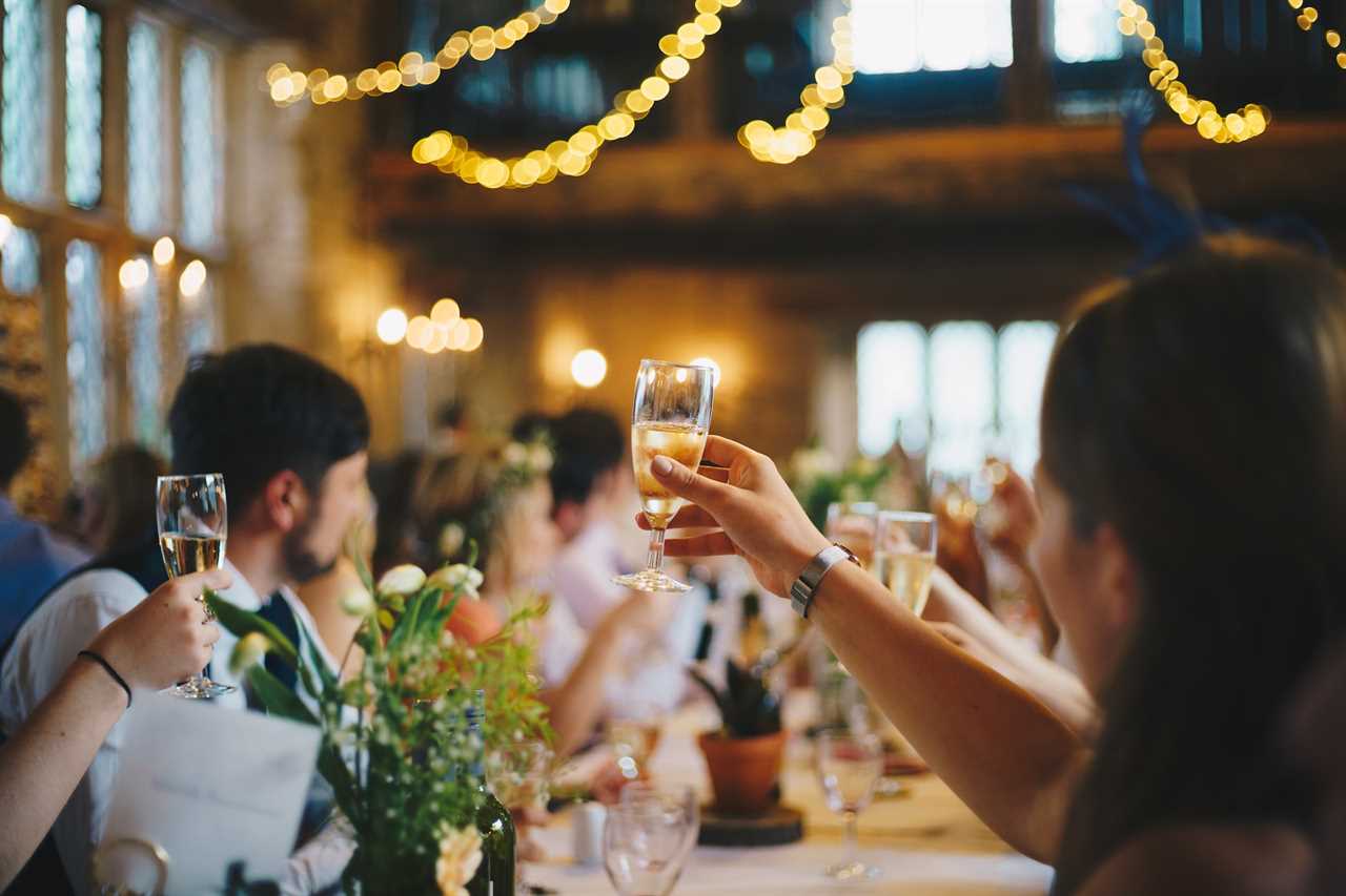 wedding guests raising glasses in toast